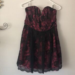 NEW Bebe Black Lace Pink Tulle Prom Winter Formal Dance Fit & Flare Mini L Dress